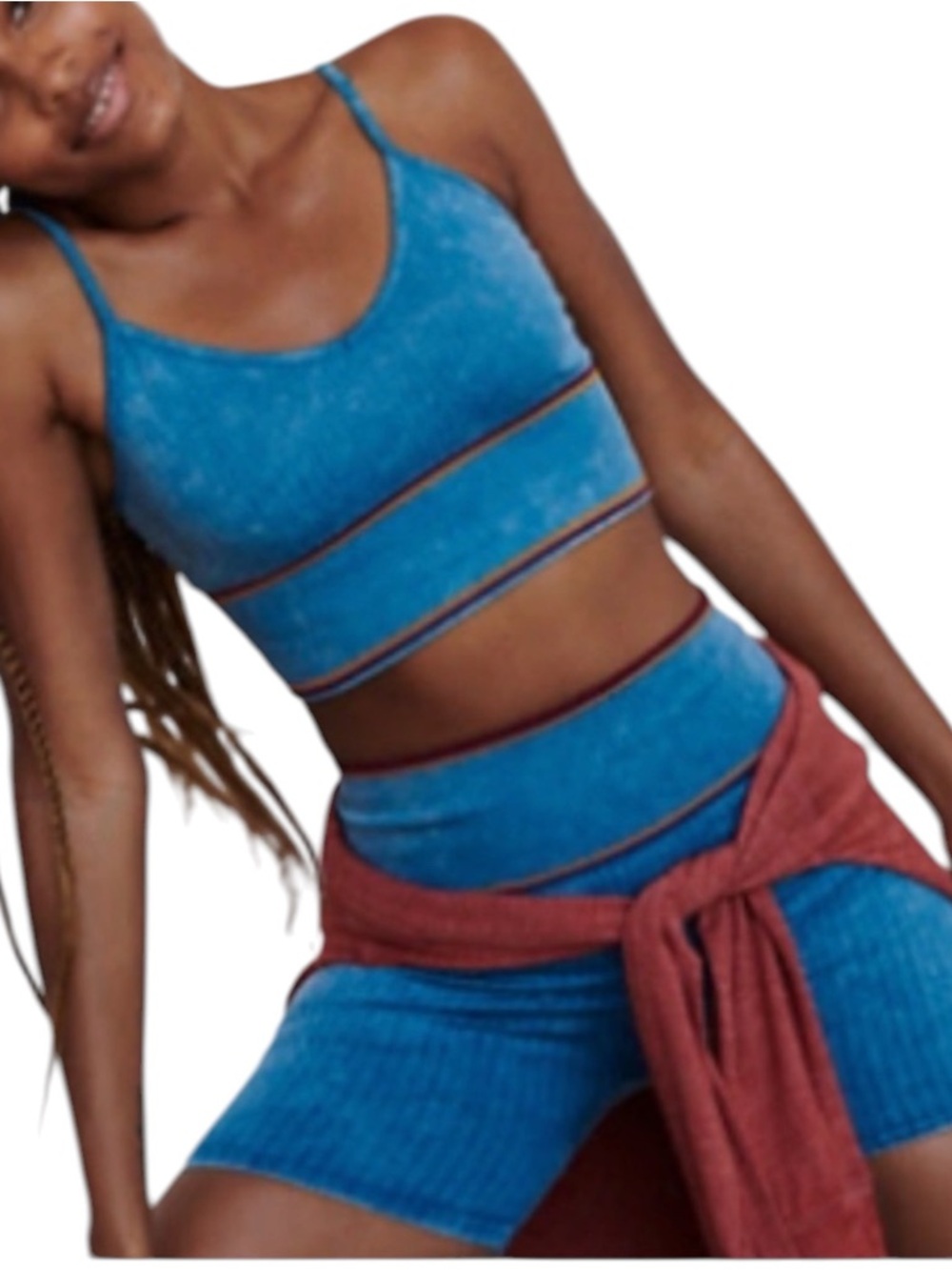 Free People Movement Varsity Tipping Ribbed Biker Shorts Blue M/L Athleisure